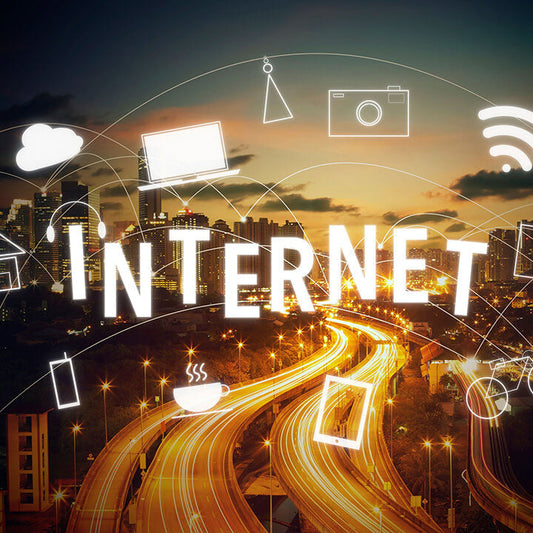 Digital concept of the internet over a cityscape, symbolizing the vast and risky online world kids can access