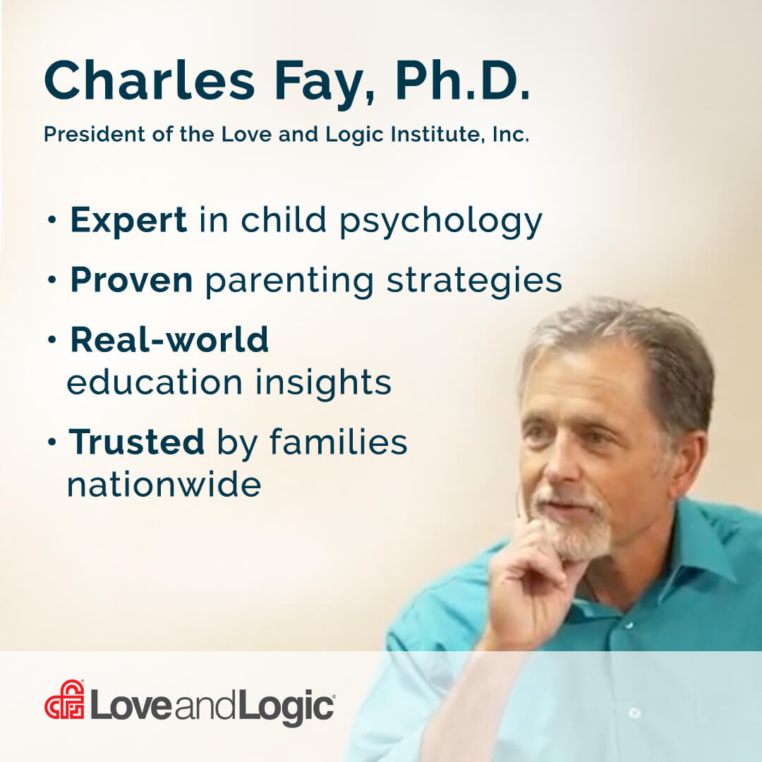 Image of Charles Fay, Ph.D., with text about his expertise and the Love and Logic Institute.
