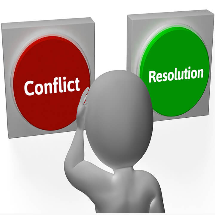 Figure choosing between conflict and resolution buttons to illustrate handling disagreements positively