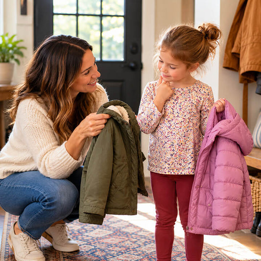 Parent offers a young child two coat choices while encouraging decision making and responsibility.
