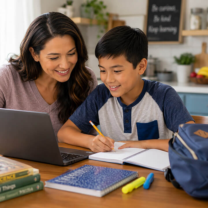 Mother helping her elementary-aged son build confidence and a love of learning through a hands-on educational activity using Love and Logic