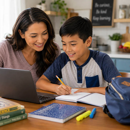 Mother helping her elementary-aged son build confidence and a love of learning through a hands-on educational activity using Love and Logic