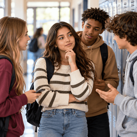 Teenage girl thoughtfully listens to her friends near school lockers, considering her choices while navigating peer pressure.