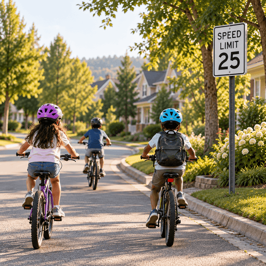 Kids riding bikes past a speed limit sign, an analogy for setting limits with kids using Love and Logic