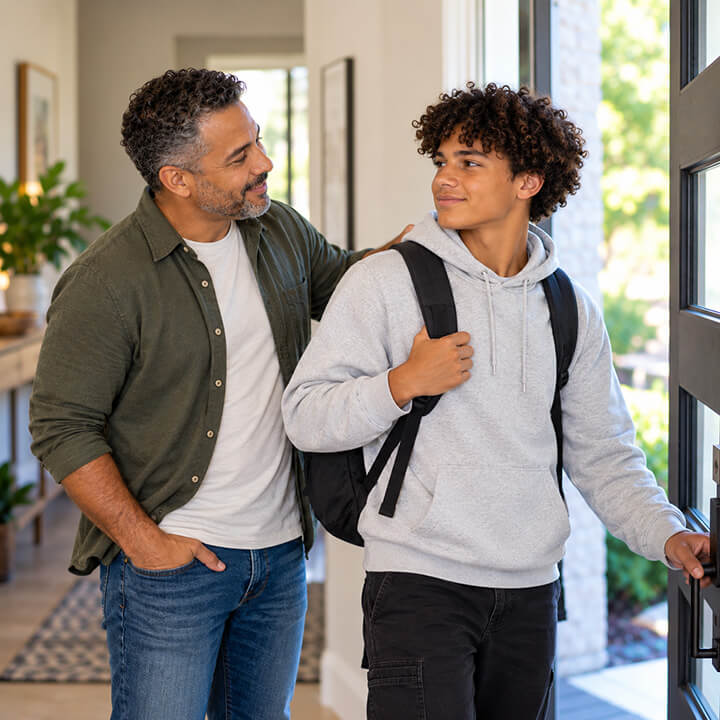 Father talking with his teenage son about independence and responsibility as he leaves home