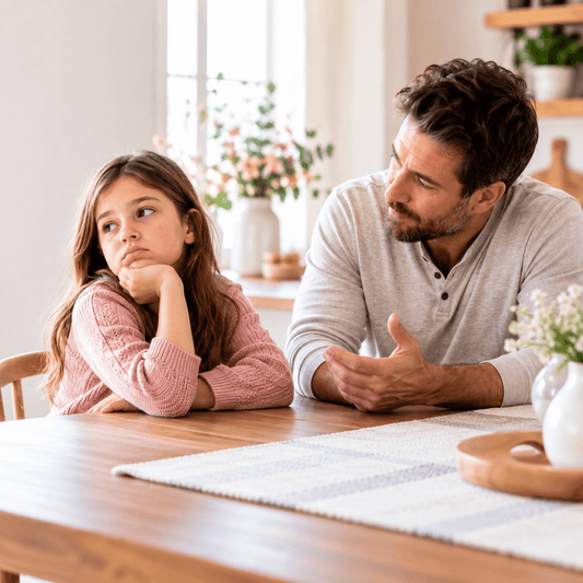 Parent calmly talking with a child who says I don't care, illustrating how to avoid a parenting power struggle.