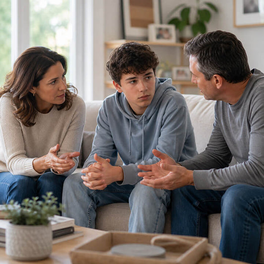 Parents having a calm, supportive conversation with their teenage son about growing independence and responsibility
