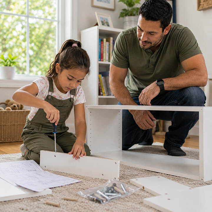 Father watches supportively as his daughter works independently to assemble a bookshelf.