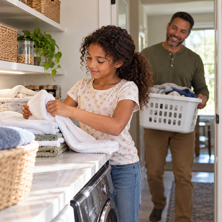 Young girl doing household chores by folding laundry while her father carries a laundry basket.