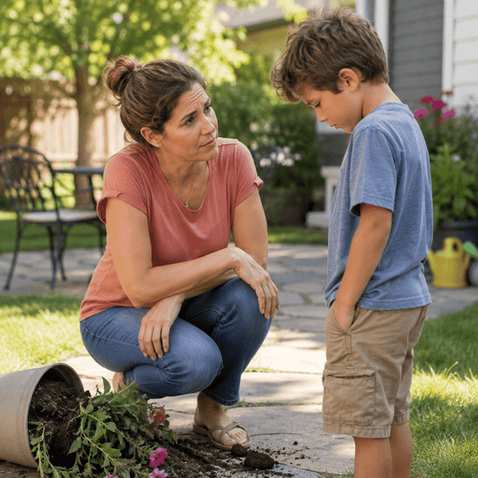 Mother calmly responding with empathy to her upset son after a mistake, using Love and Logic parenting principles.