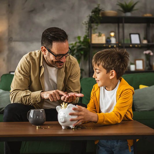 A father and son sit together on the couch, smiling as they count coins and add money to a white piggy bank, illustrating a Love and Logic approach to teaching kids financial responsibility.