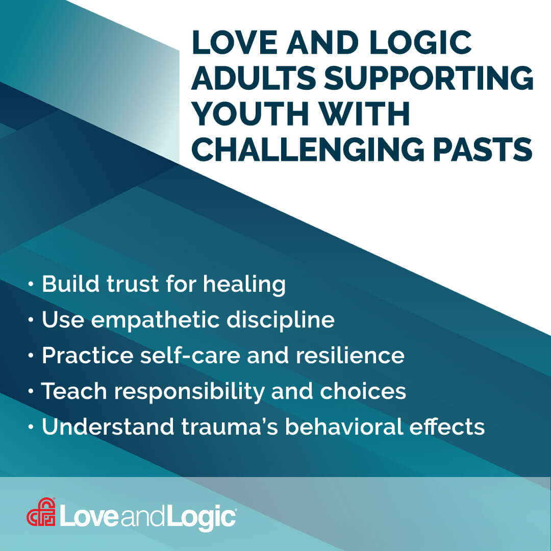 Promotional graphic for Love and Logic on supporting youth with challenging pasts, featuring a blue and white color scheme.